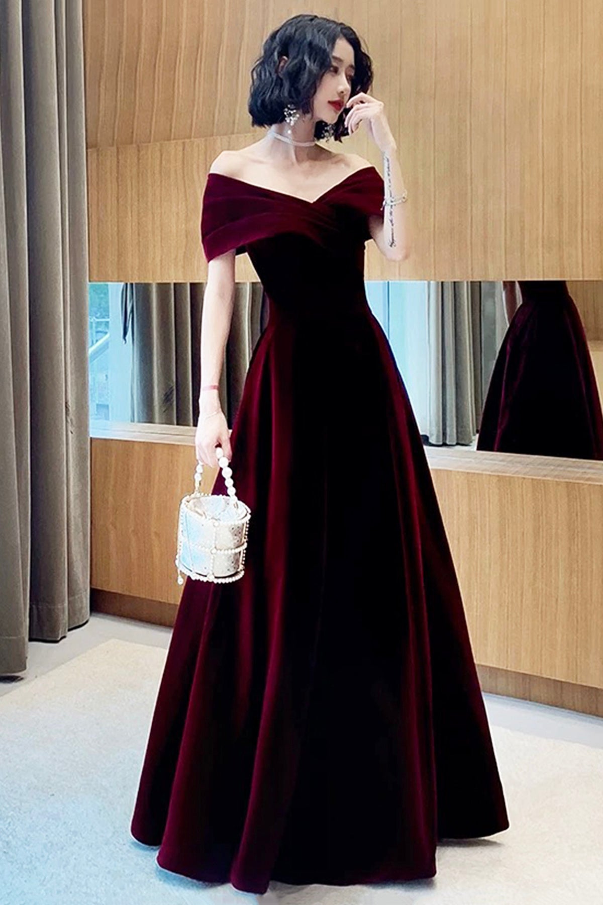 Burgundy Velvet Floor Length Prom Dress, Elegant A-Line Evening Party Dress