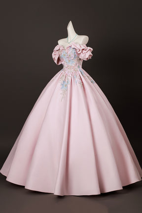 Candy Pink Satin Lace Long Prom Dress, Lovely A-Line Off the Shoulder Evening Party Dress