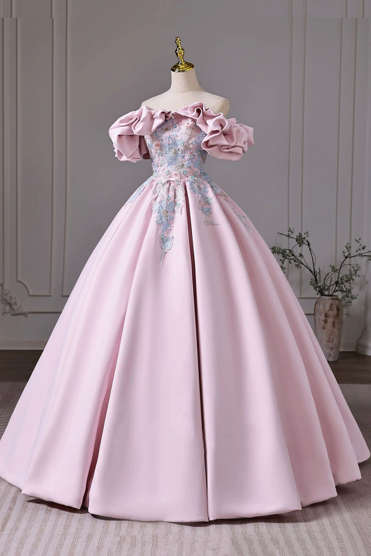 Pink Off the Shoulder Satin Lace Long Prom Dress, Pink A-Line Party Formal Dress