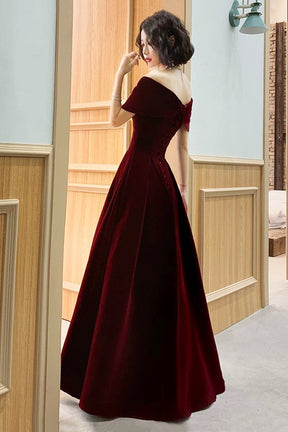 Burgundy Velvet Floor Length Prom Dress, Elegant A-Line Evening Party Dress