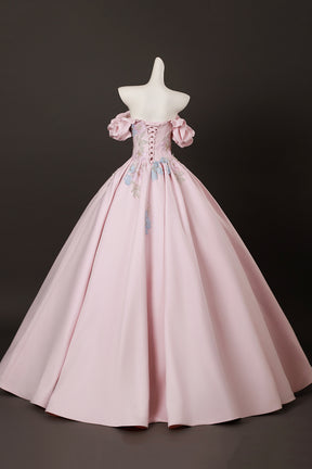Candy Pink Satin Lace Long Prom Dress, Lovely A-Line Off the Shoulder Evening Party Dress
