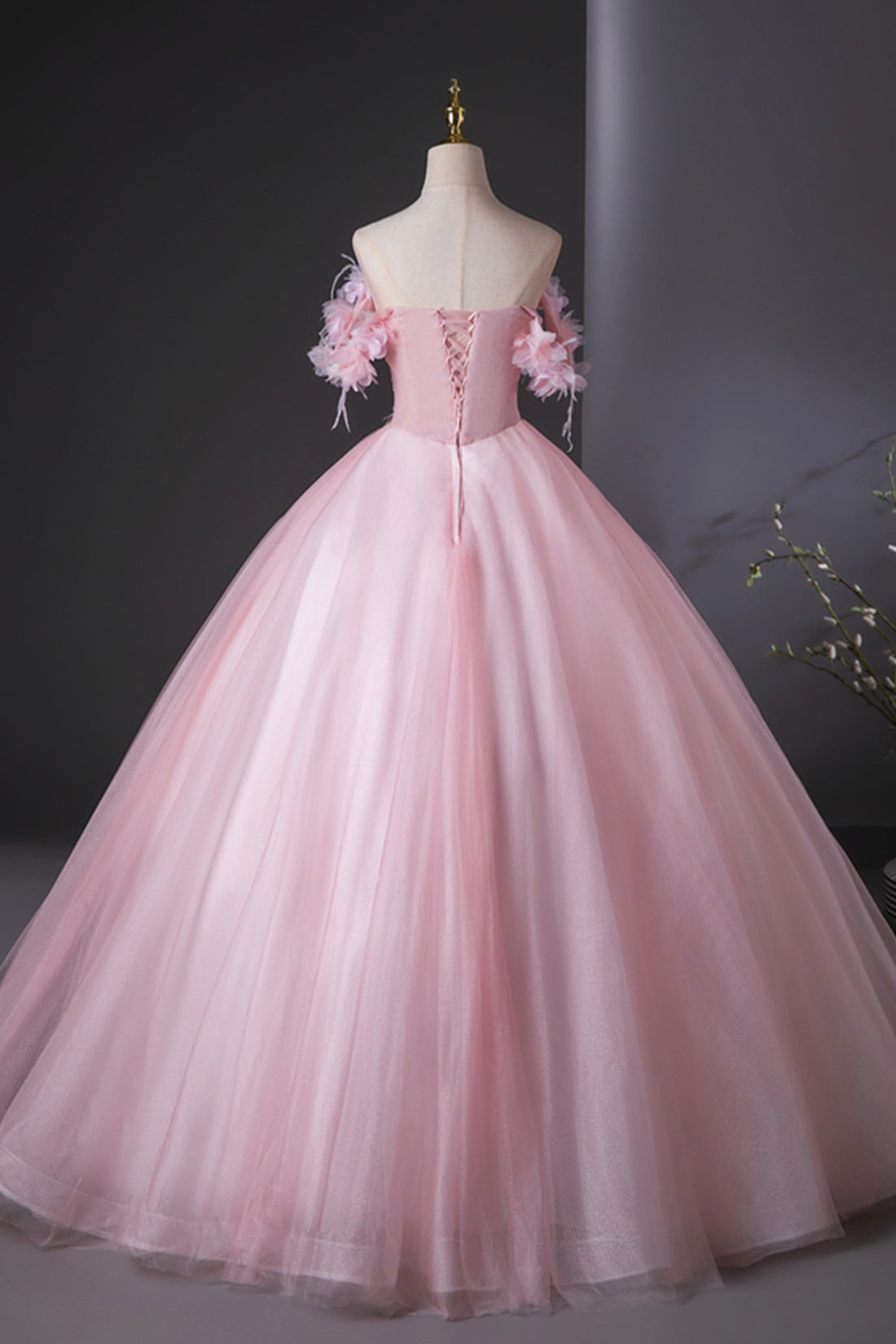 Pink Tulle Lace and Flowers Ball Gown Formal Dresses, Pink Long Sweet 16 Dresses