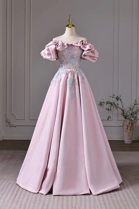 Pink Off the Shoulder Satin Lace Long Prom Dress, Pink A-Line Party Formal Dress