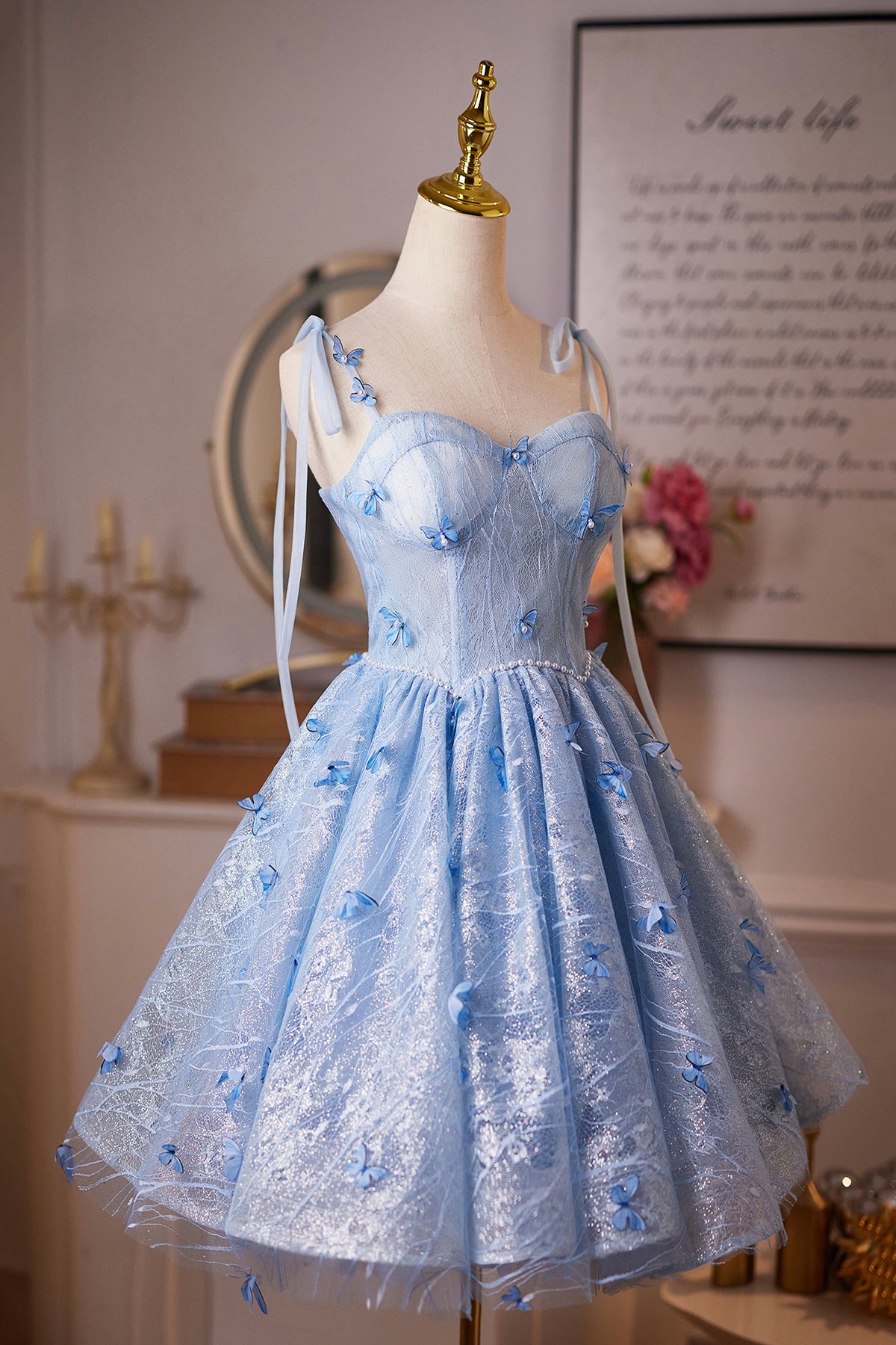 Enchanting Light Blue Butterfly Mini Prom Dress, A-Line Backless Party Enchanting Light Blue Butterfly Mini Prom Dress, A-Line Backless Party