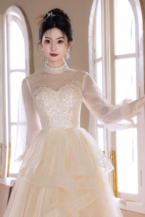 Champagne Tulle Lace Long Prom Dress, Beautiful Long Sleeve Evening Party Dress