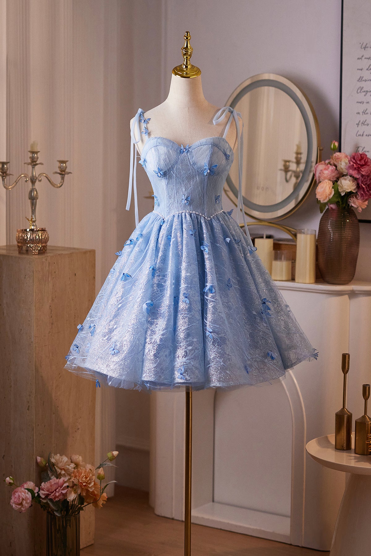 Enchanting Light Blue Butterfly Mini Prom Dress, A-Line Backless Party Enchanting Light Blue Butterfly Mini Prom Dress, A-Line Backless Party