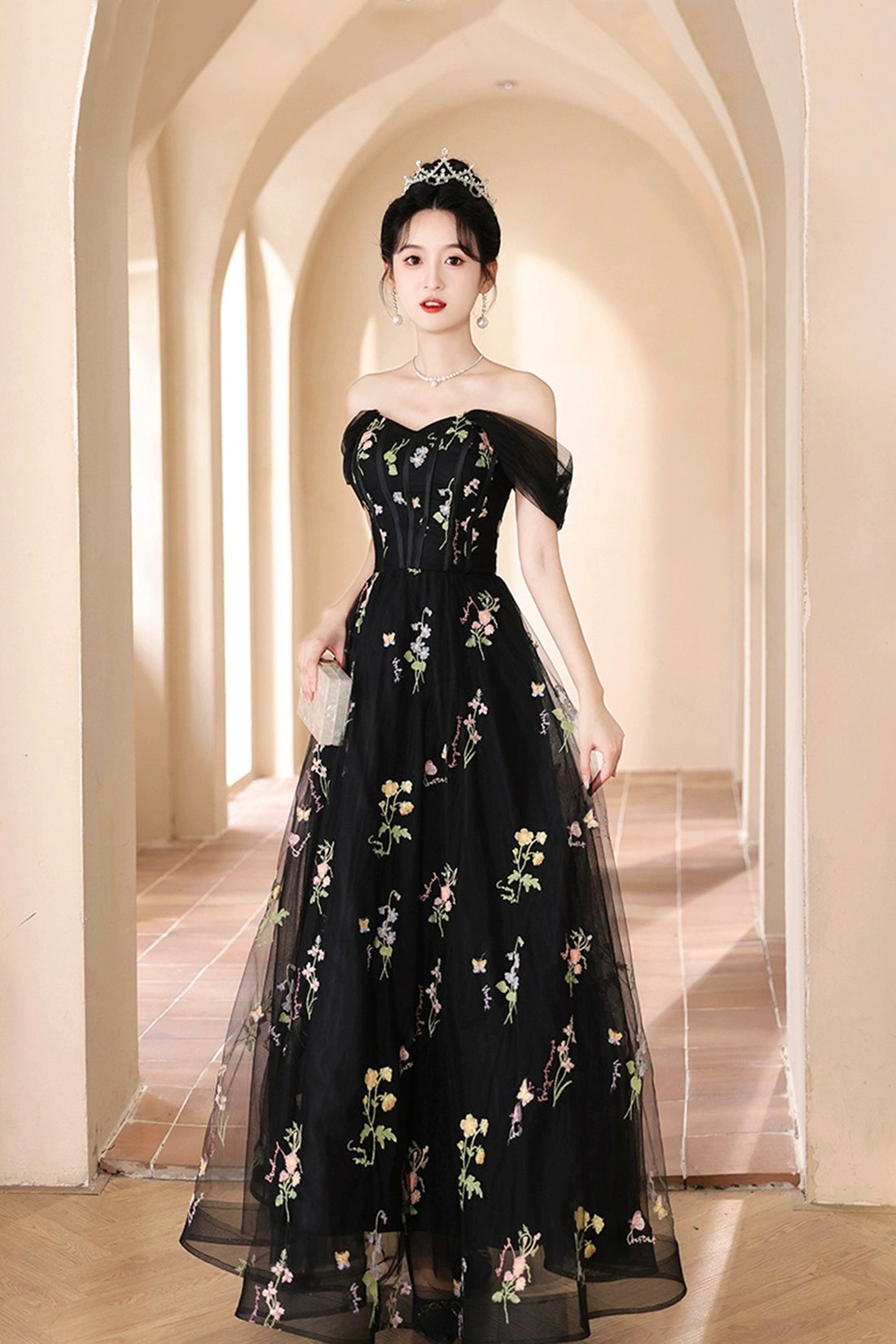 Black Tulle Lace Long Prom Dress, Black A-Line Off the Shoulder Evening Party Dress