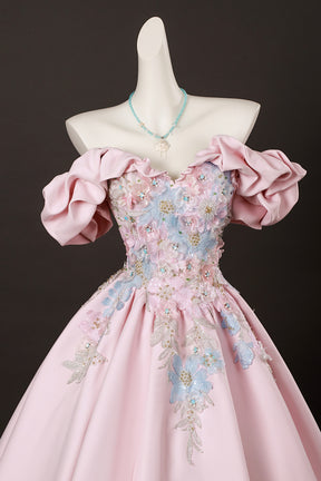 Candy Pink Satin Lace Long Prom Dress, Lovely A-Line Off the Shoulder Evening Party Dress