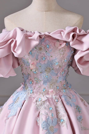 Pink Off the Shoulder Satin Lace Long Prom Dress, Pink A-Line Party Formal Dress