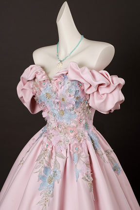 Candy Pink Satin Lace Long Prom Dress, Lovely A-Line Off the Shoulder Evening Party Dress