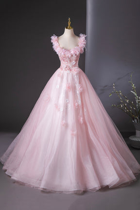 Pink Tulle Lace and Flowers Ball Gown Formal Dresses, Pink Long Sweet 16 Dresses