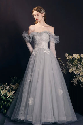 Gray Tulle Beads Long Prom Dress, Lovely A-Line Long Sleeve Evening Dress