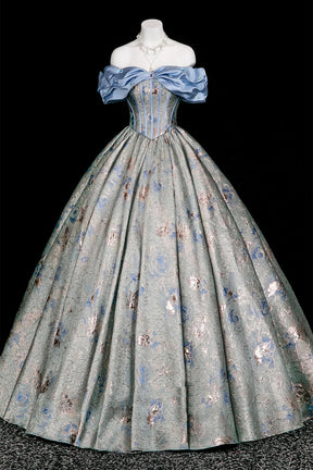 Blue Metallic Floral Ball Gown | Off Shoulder Sweet 16 Prom Dress