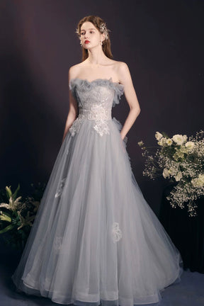 Gray Tulle Beads Long Prom Dress, Lovely A-Line Long Sleeve Evening Dress