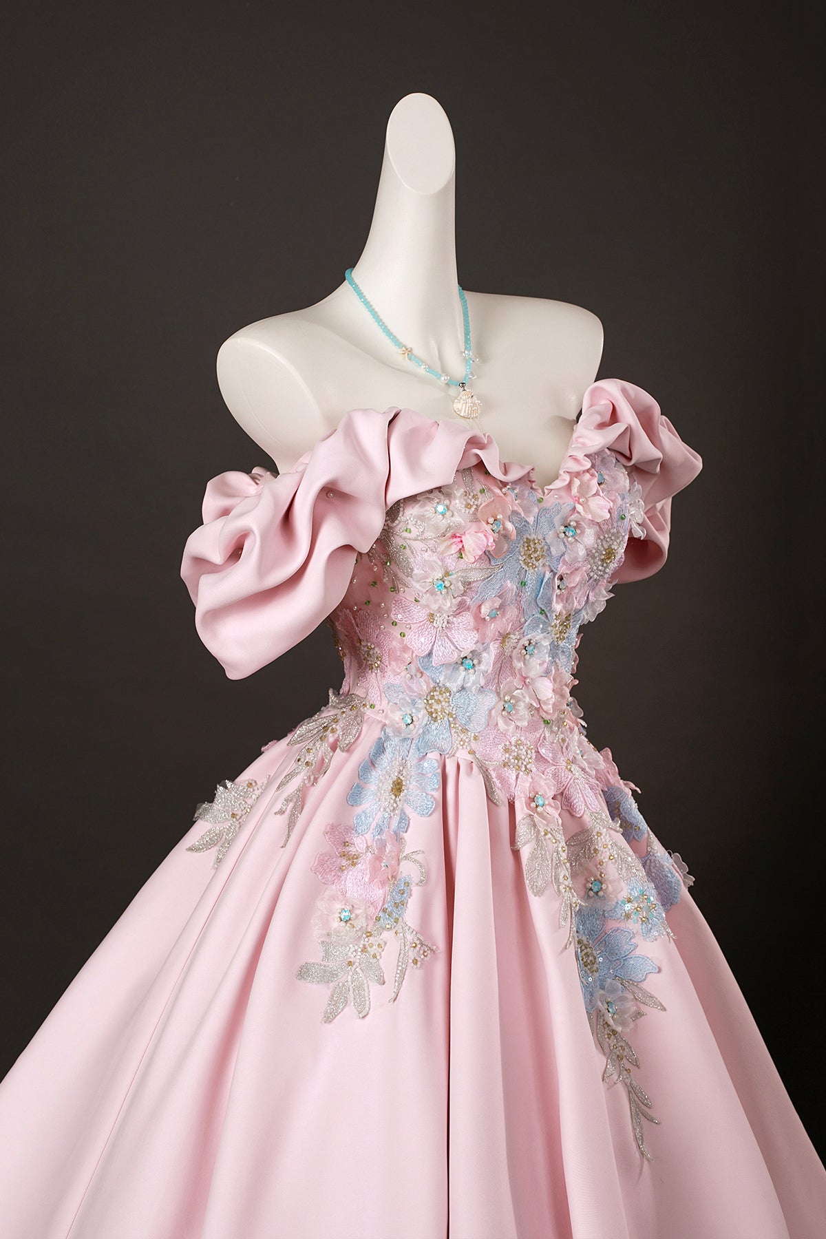 Candy Pink Satin Lace Long Prom Dress, Lovely A-Line Off the Shoulder Evening Party Dress