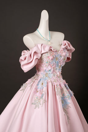 Candy Pink Satin Lace Long Prom Dress, Lovely A-Line Off the Shoulder Evening Party Dress