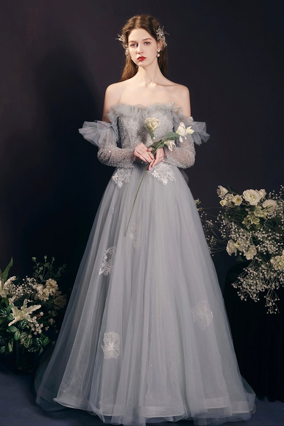 Gray Tulle Beads Long Prom Dress, Lovely A-Line Long Sleeve Evening Dress