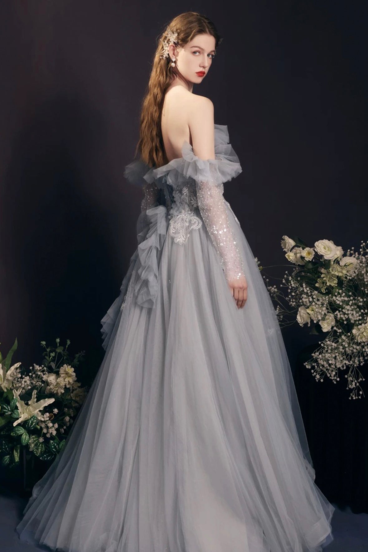 Gray Tulle Beads Long Prom Dress, Lovely A-Line Long Sleeve Evening Dress