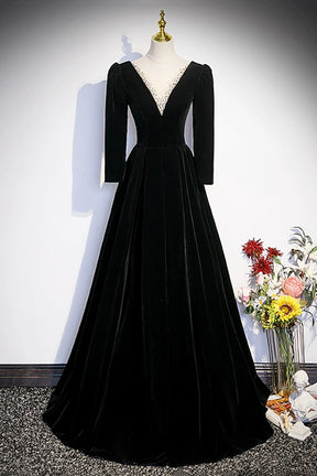 Black Velvet Long Sleeve Evening Dress, A-Line Floor Length Prom Party Dress