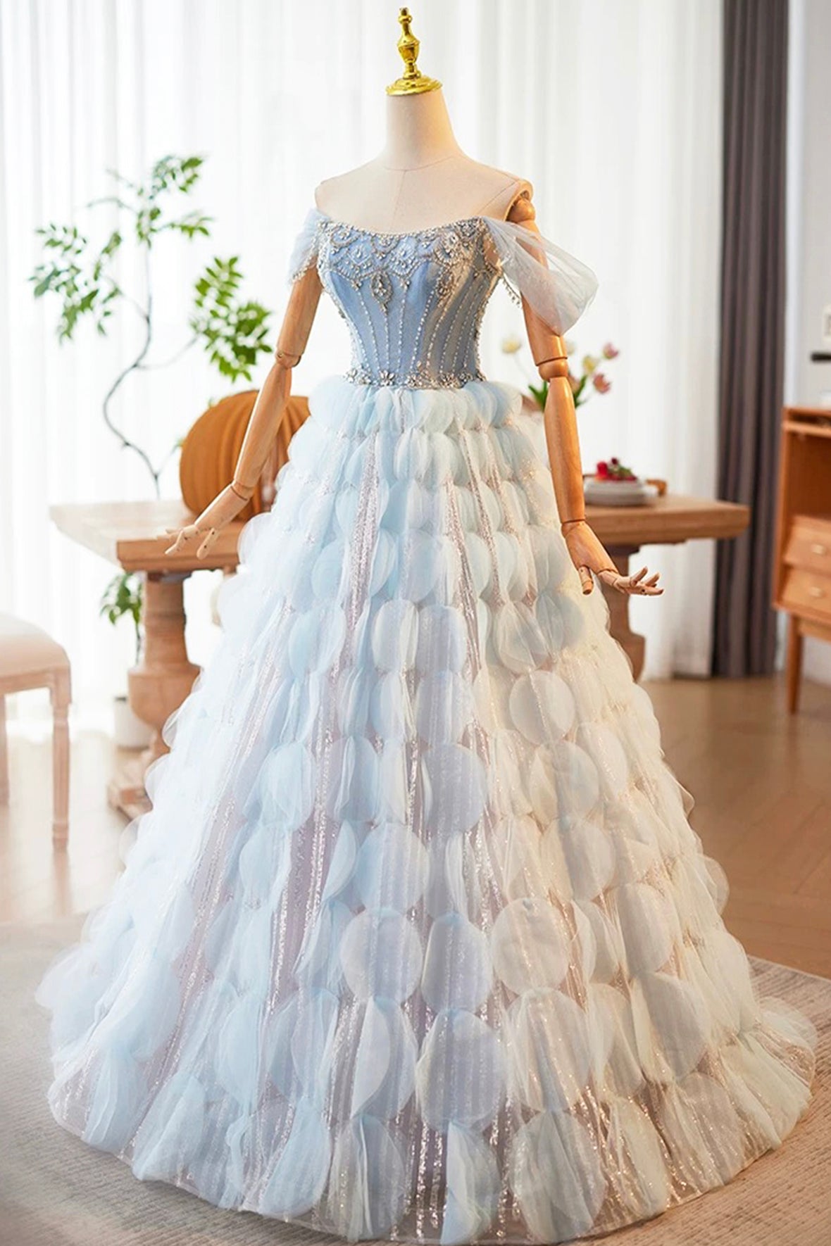 Blue Tulle Long Prom Dress with Rhinestone Ruffles, Beautiful Off the Shoulder Party Dress