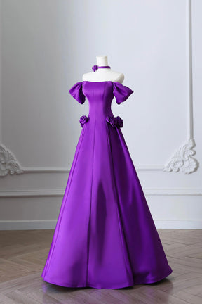 Purple Satin Long Prom Dress, Elegant Off the Shoulder Evening Party Dress