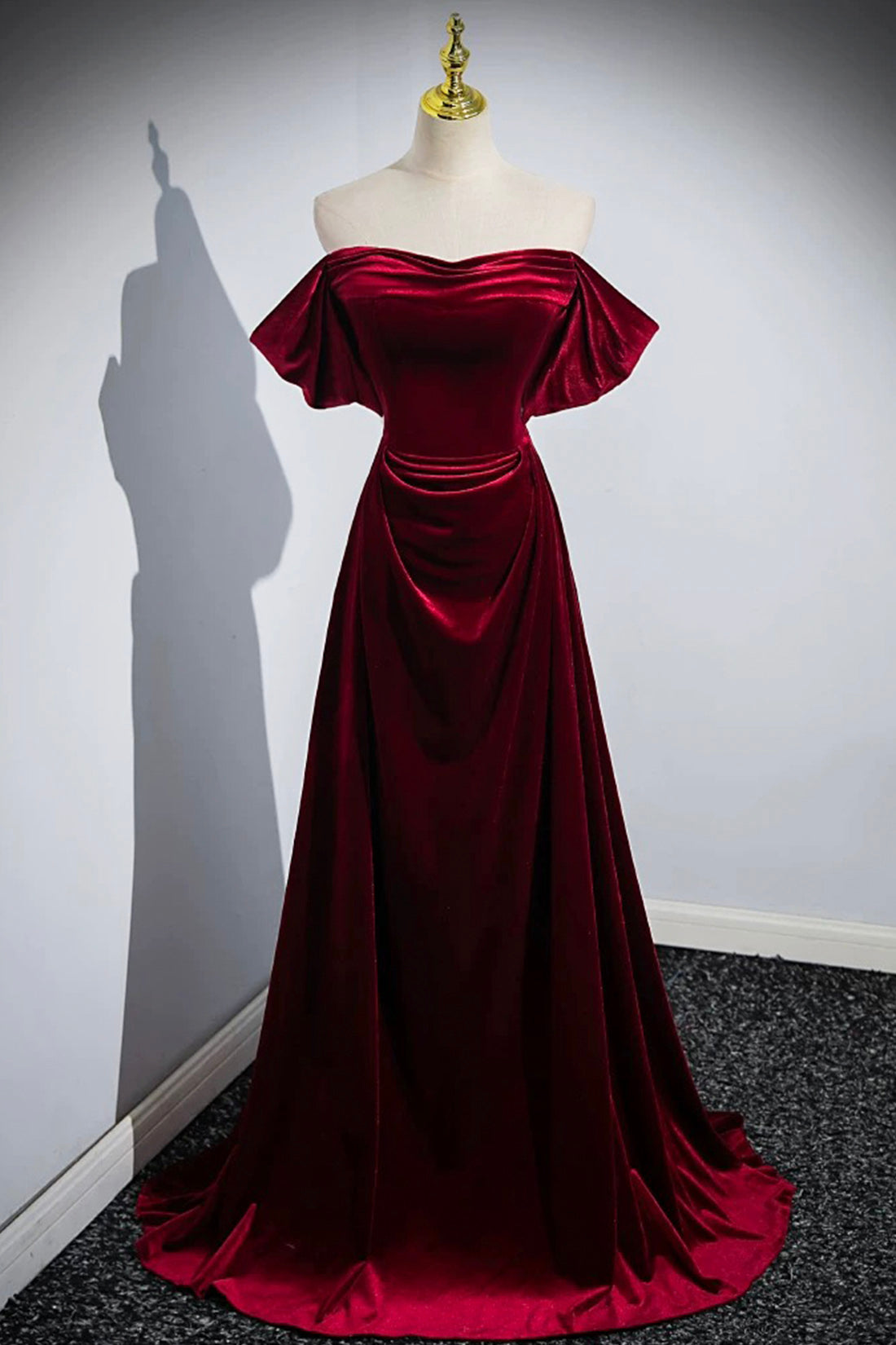 Elegant Velvet Floor Length Prom Dress, Burgundy Off the Shoulder Party Dress