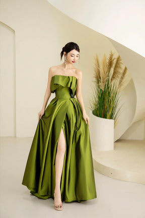 Green Satin Long Prom Dress, Cute A-Line Off the Shoulder Evening Dress