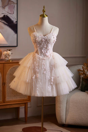 Elegant Pink 3D Floral Tiered Tulle Short Prom Dress - Sweetheart Neck Homecoming Gown