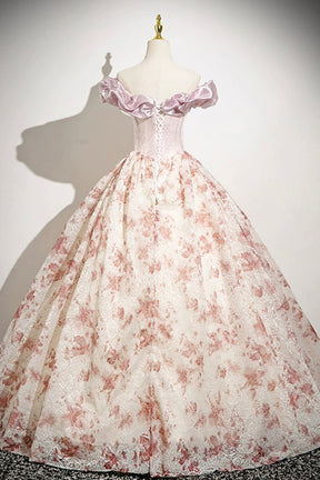 Cute Floral Floor Length Prom Dress with Corset, A-Line Off the Shoulder Evening Party Dress