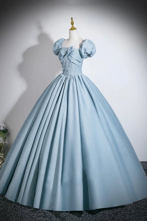 Sweetheart Neck Blue A-Line Ball Gown with Puff Sleeves and Corset Back