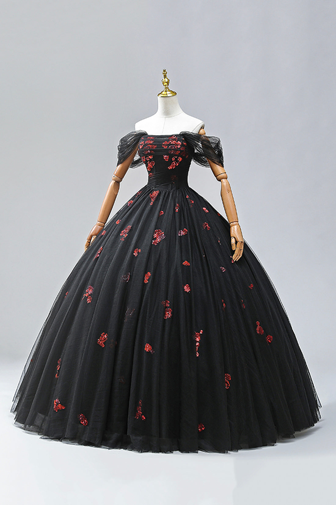 Black Tulle Sequins Long Formal Dress, A-Line Off the Shoulder Backless Evening Dress
