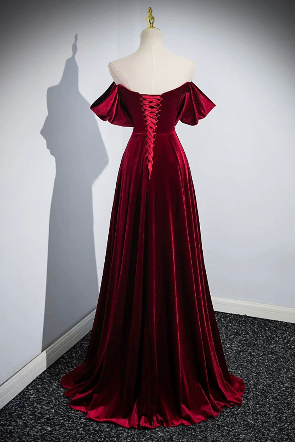 Elegant Velvet Floor Length Prom Dress, Burgundy Off the Shoulder Part