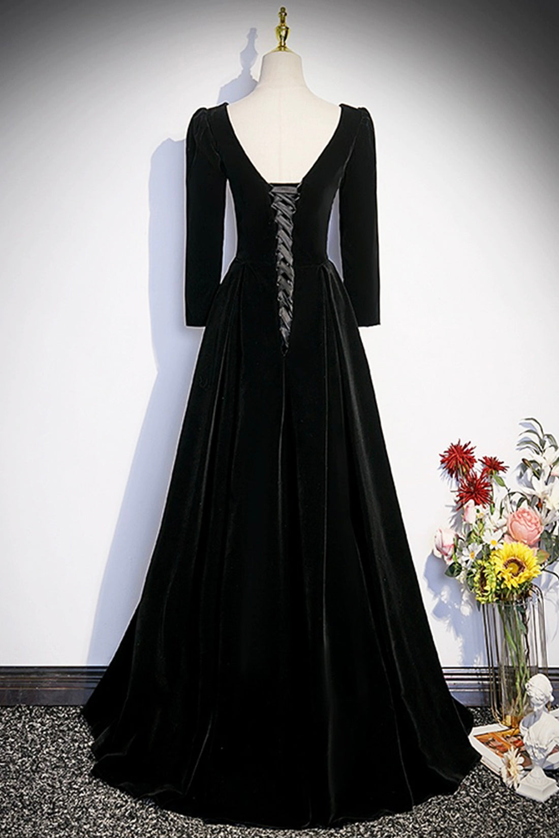 Black Velvet Long Sleeve Evening Dress, A-Line Floor Length Prom Party Dress