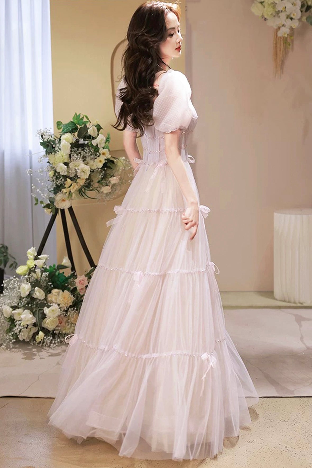 Beautiful A-Line Tulle Long Prom Dress, A-Line Short Sleeve Evening Party Dress