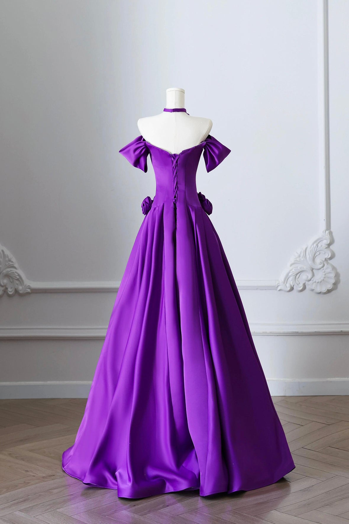 Purple Satin Long Prom Dress, Elegant Off the Shoulder Evening Party D