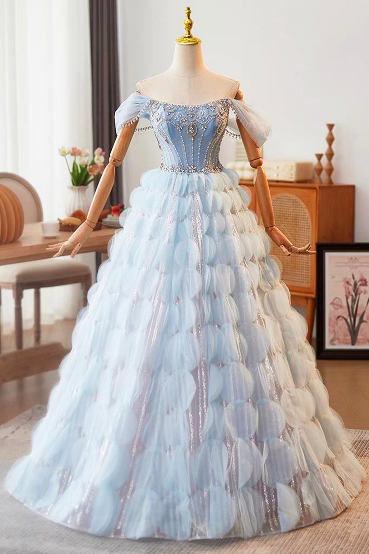 Blue Tulle Long Prom Dress with Rhinestone Ruffles, Beautiful Off the Shoulder Party Dress