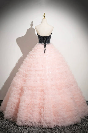 Ball Gown Strapless Pink Tulle Long Prom Dress, Beautiful Sweet 16 Dress