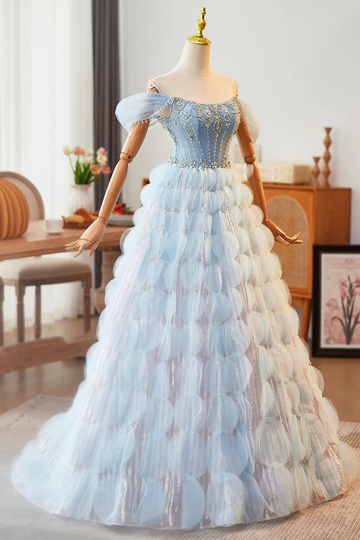 Blue Tulle Long Prom Dress with Rhinestone Ruffles, Beautiful Off the Shoulder Party Dress