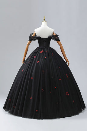 Black Tulle Sequins Long Formal Dress, A-Line Off the Shoulder Backless Evening Dress