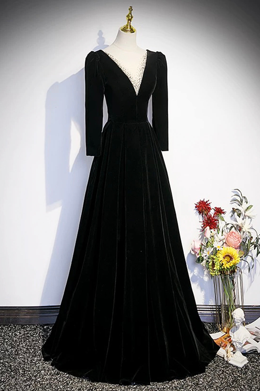 Black Velvet Long Sleeve Evening Dress, A-Line Floor Length Prom Party Dress