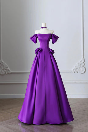 Purple Satin Long Prom Dress, Elegant Off the Shoulder Evening Party Dress