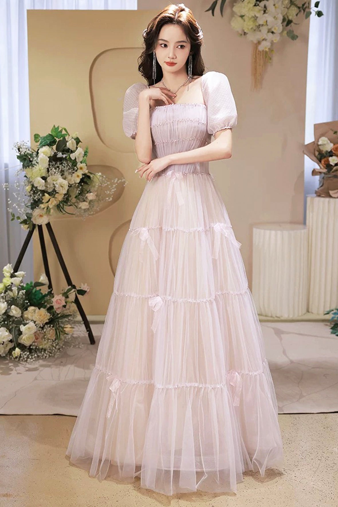 Beautiful A-Line Tulle Long Prom Dress, A-Line Short Sleeve Evening Party Dress