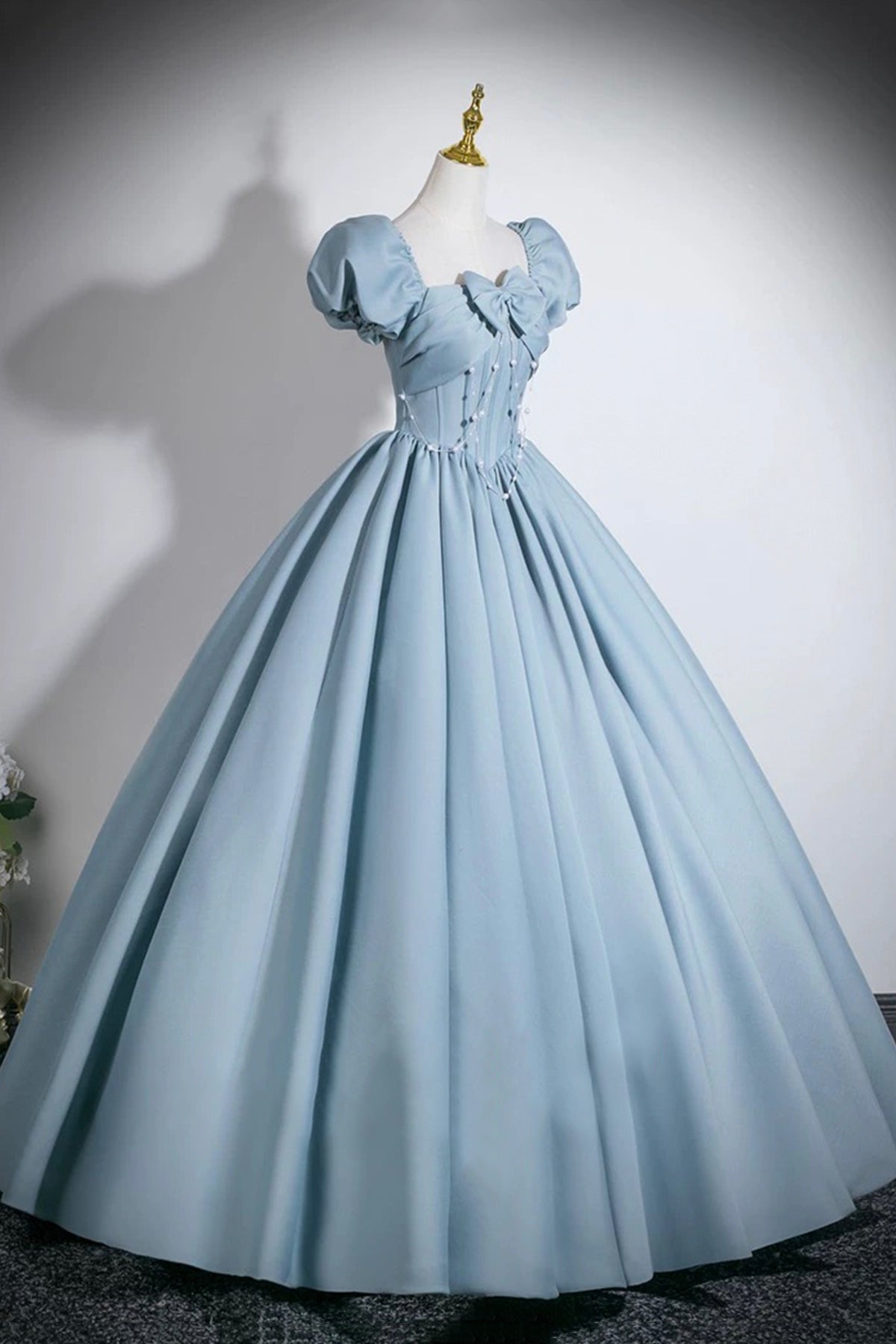 Sweetheart Neck Blue A-Line Ball Gown with Puff Sleeves and Corset Back