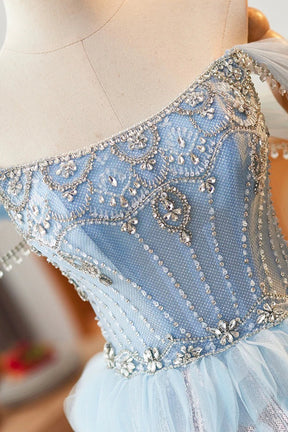 Blue Tulle Long Prom Dress with Rhinestone Ruffles, Beautiful Off the Shoulder Party Dress