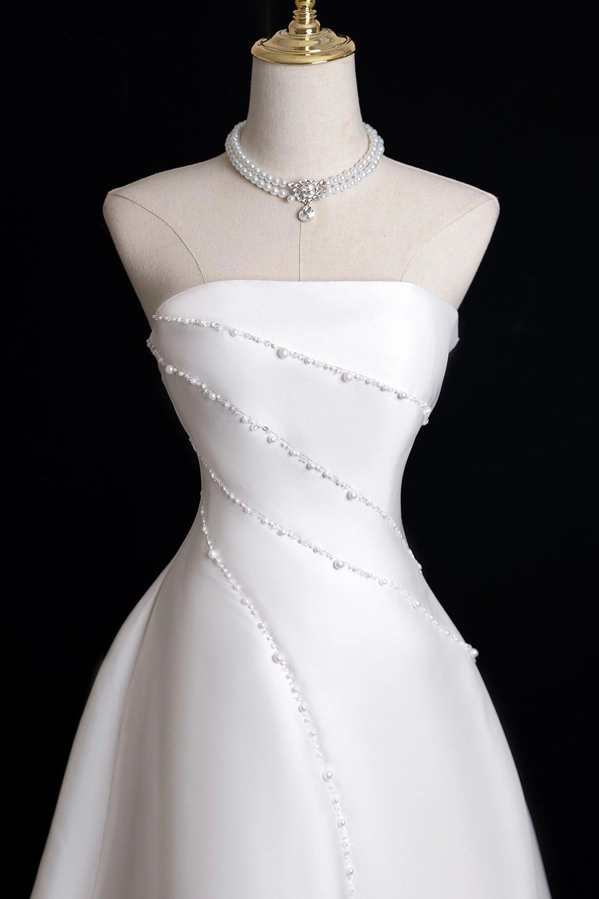 White Satin Pearl Long A-Line Prom Dress, White Evening Party Dress