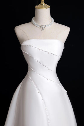 White Satin Pearl Long A-Line Prom Dress, White Evening Party Dress