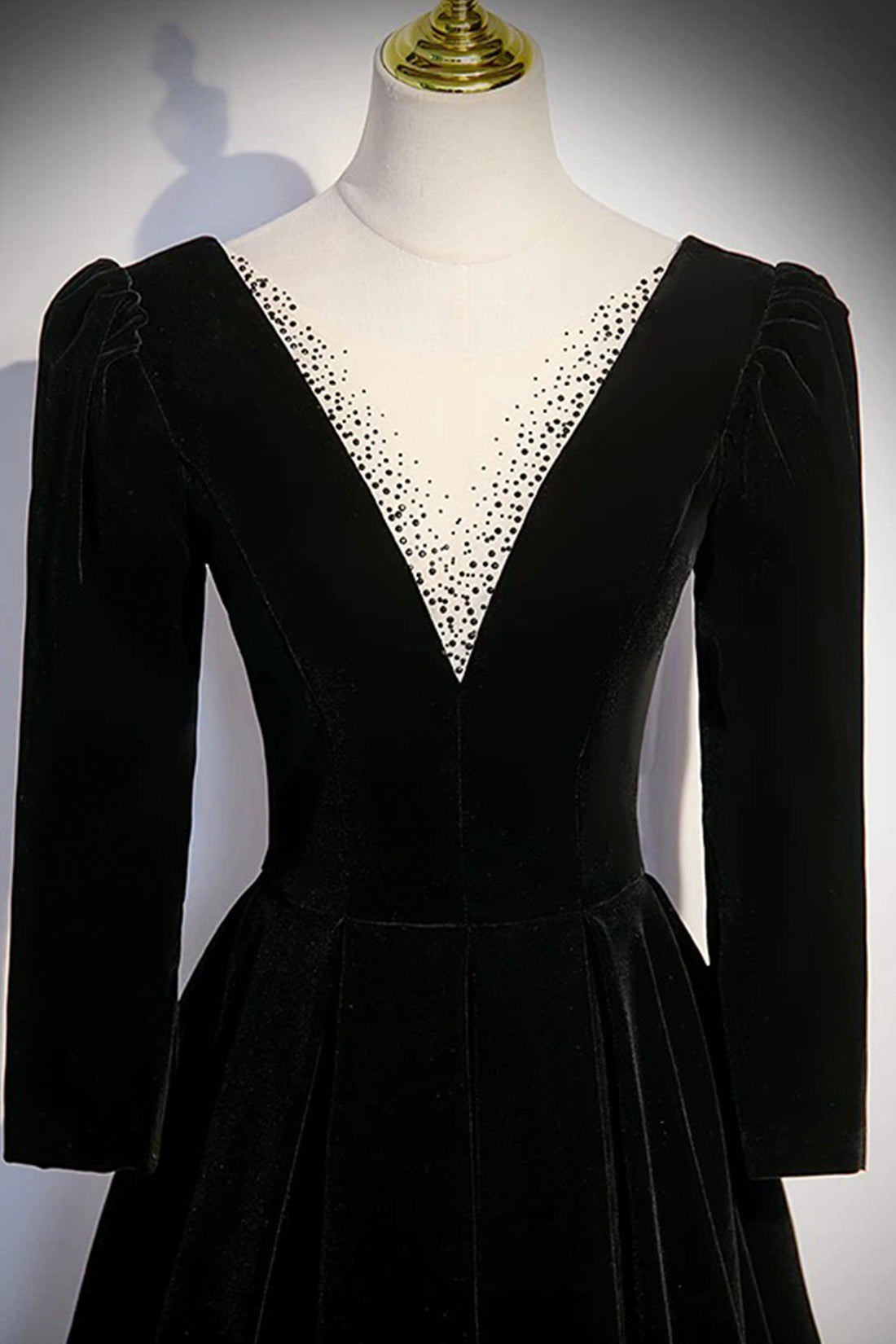 Black Velvet Long Sleeve Evening Dress, A-Line Floor Length Prom Party Dress