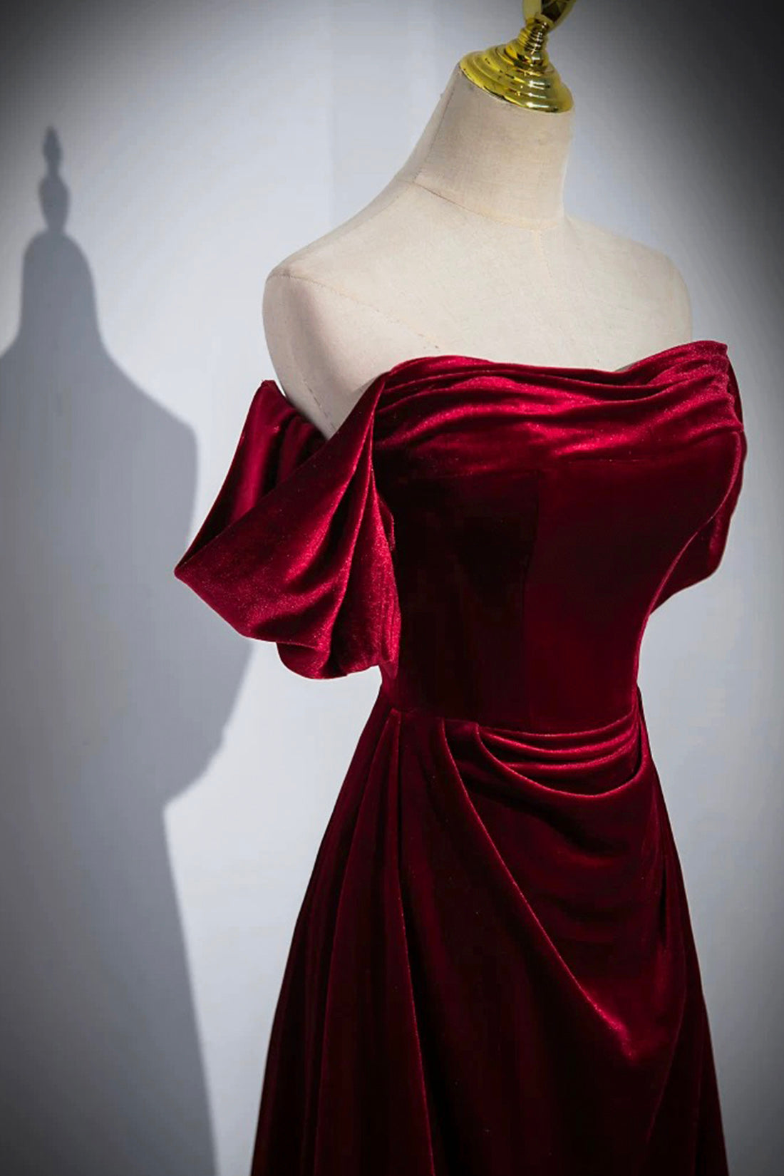 Elegant Velvet Floor Length Prom Dress, Burgundy Off the Shoulder Party Dress