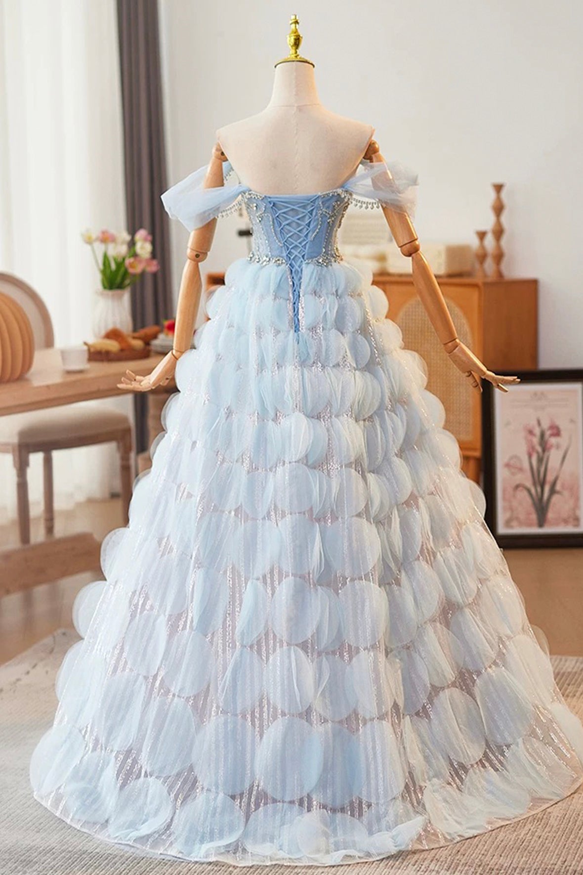 Blue Tulle Long Prom Dress with Rhinestone Ruffles, Beautiful Off the Shoulder Party Dress