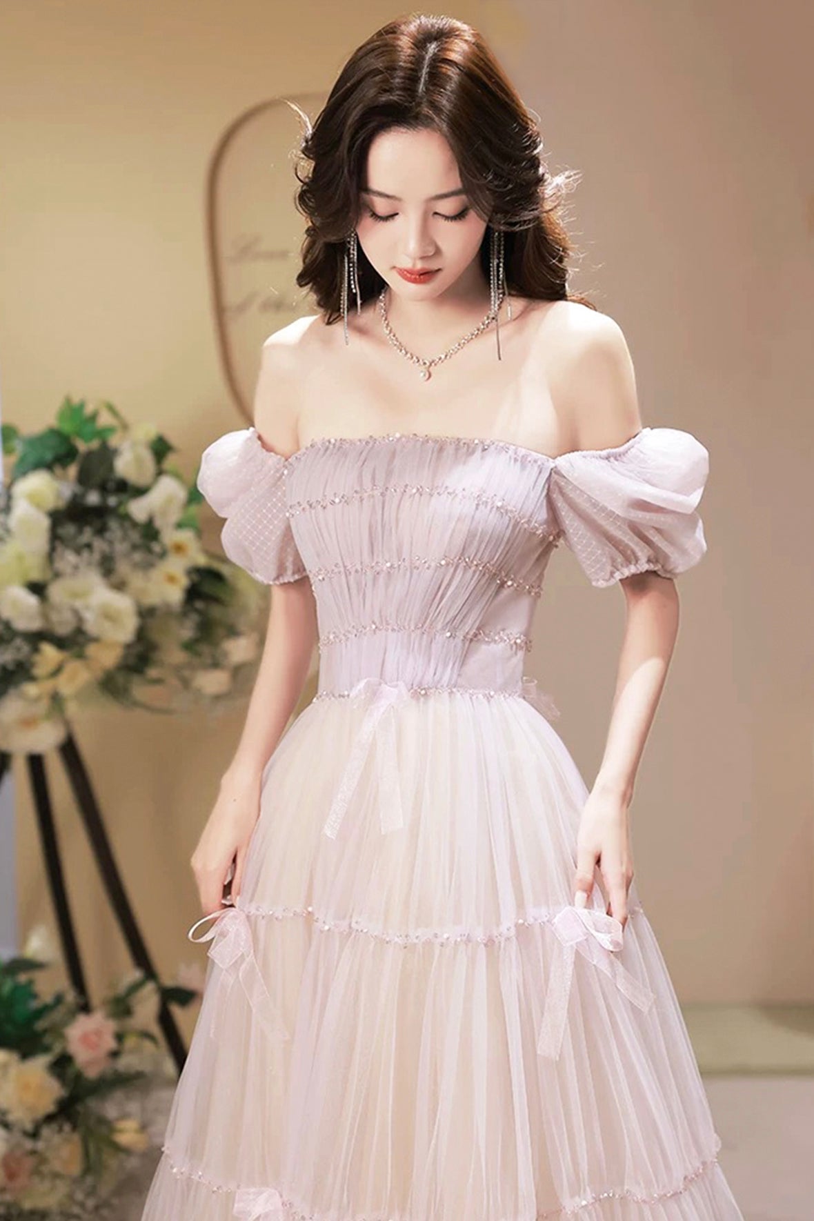 Beautiful A-Line Tulle Long Prom Dress, A-Line Short Sleeve Evening Party Dress